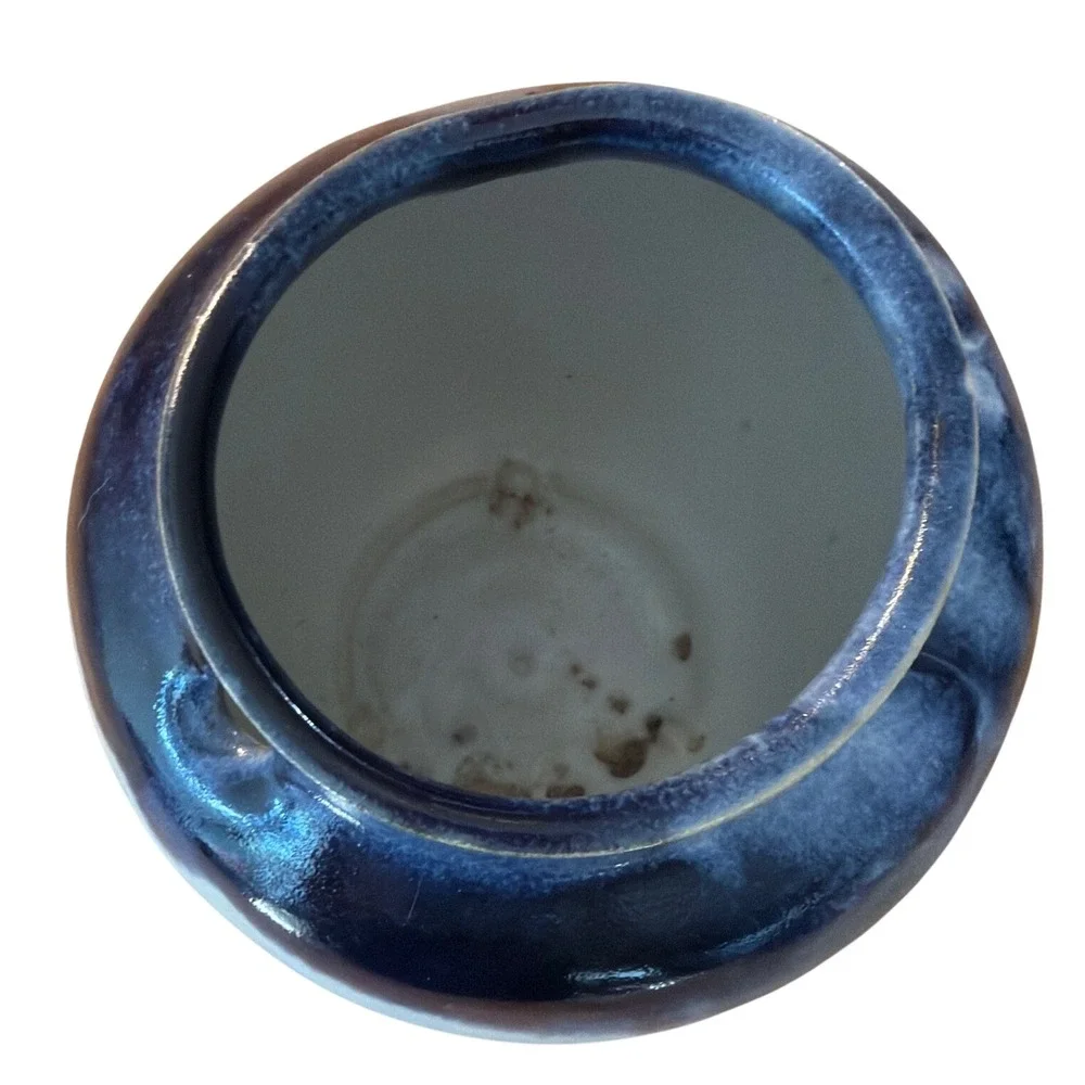 Studio Pottery Planter Blue White Drip Glaze Signed Unique Pottery